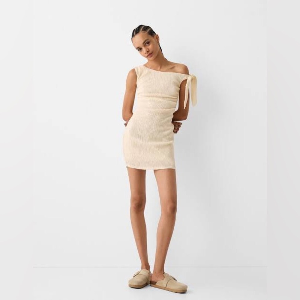 Bershka Cream Textured Mini Dress